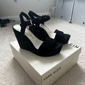 Anne Klein Strappy Black Suede Wedge Sandal